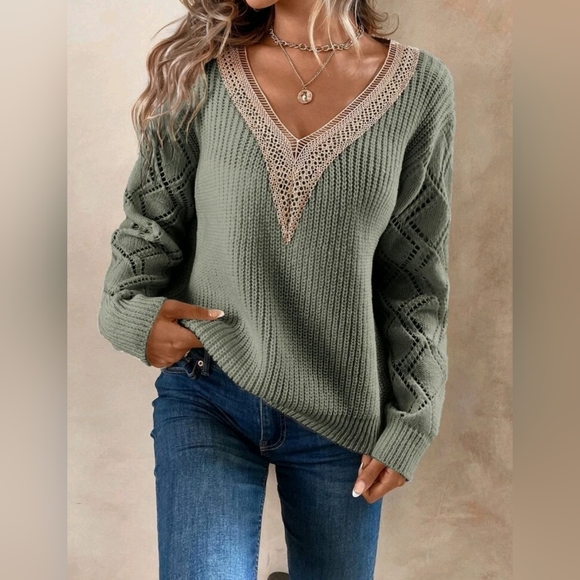 Sweaters - NEW Boho Lace Trim V Neck Open Pointelle Knit Sweater Top Light Green Tan